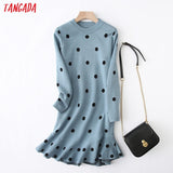 Tangada women dots knitted sweater dress elegant long sleeve ruffles 2019 autumn winter lady knit midi dress YU27