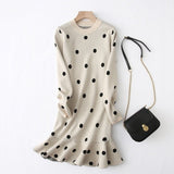Tangada women dots knitted sweater dress elegant long sleeve ruffles 2019 autumn winter lady knit midi dress YU27