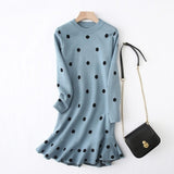 Tangada women dots knitted sweater dress elegant long sleeve ruffles 2019 autumn winter lady knit midi dress YU27