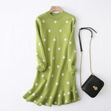 Tangada women dots knitted sweater dress elegant long sleeve ruffles 2019 autumn winter lady knit midi dress YU27