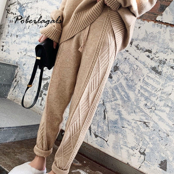 Streetwear Autumn Thick pant women trousers 2019 Autumn winter high waist loose drawstring elastic waist twist radish wool pants