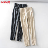 Tangada women white skinny PU leather pants stretch zipper female autumn winter pencil pants trousers 6A04