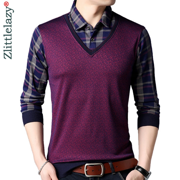 2019 brand casual fake two pieces long sleeve polo shirt men poloshirt jersey plaid mens polos tee shirts dress fashions 90381