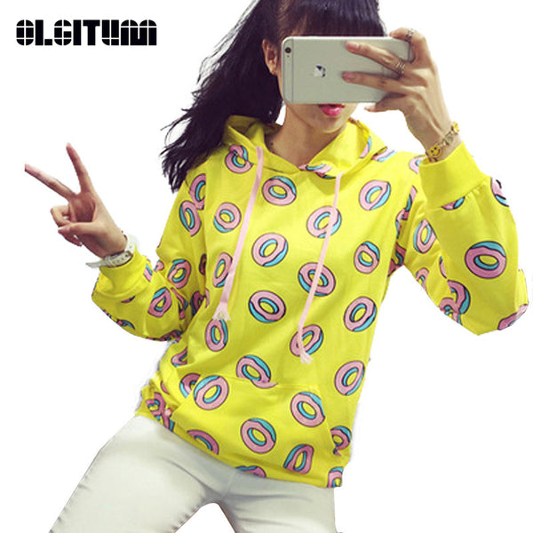 New Spring Autumn 2019 Cute Donut Print Pullovers Geometric Women Hoodies Sweatshirt Fashion Yellow BTS Unisex Sportwear Female